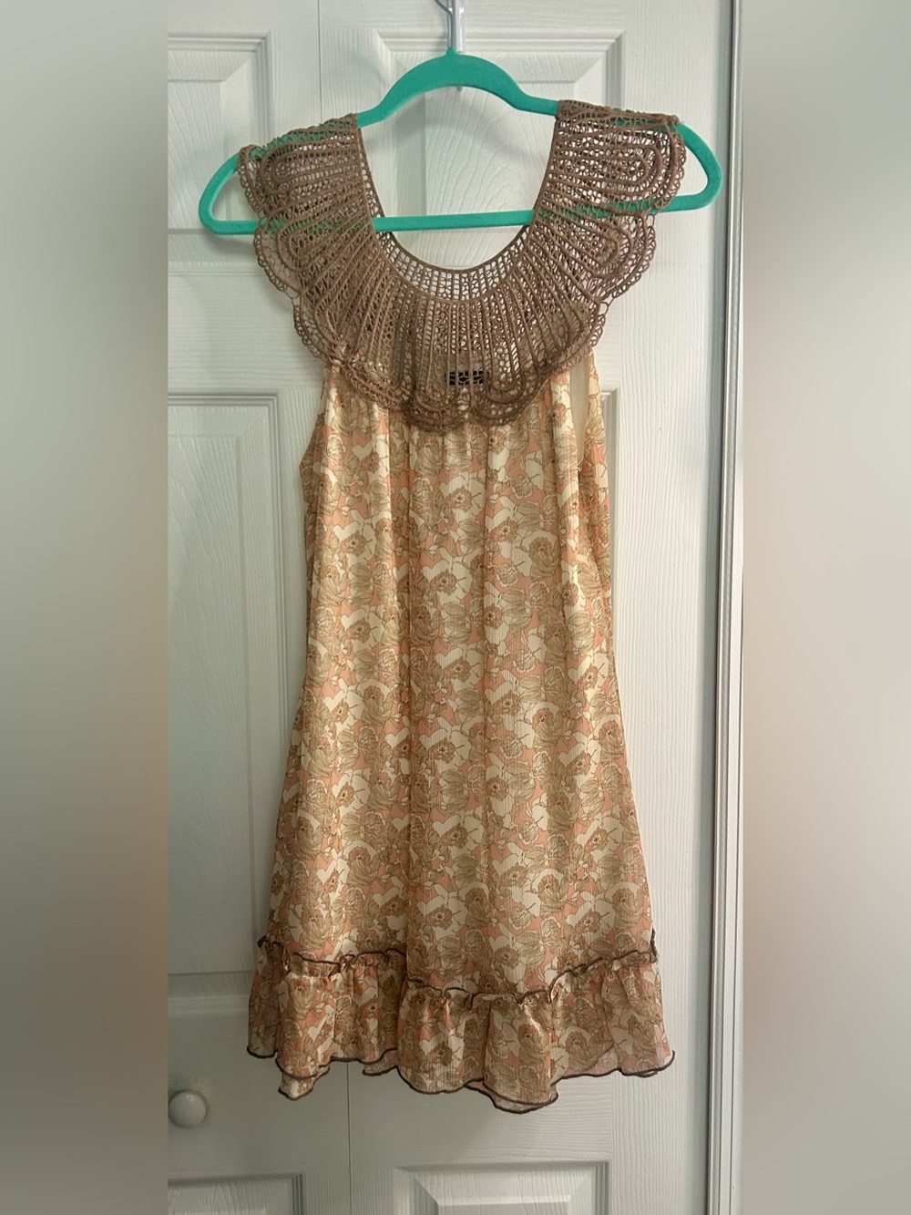 Boho Crochet-Collar Floral Mini Dress in Beige